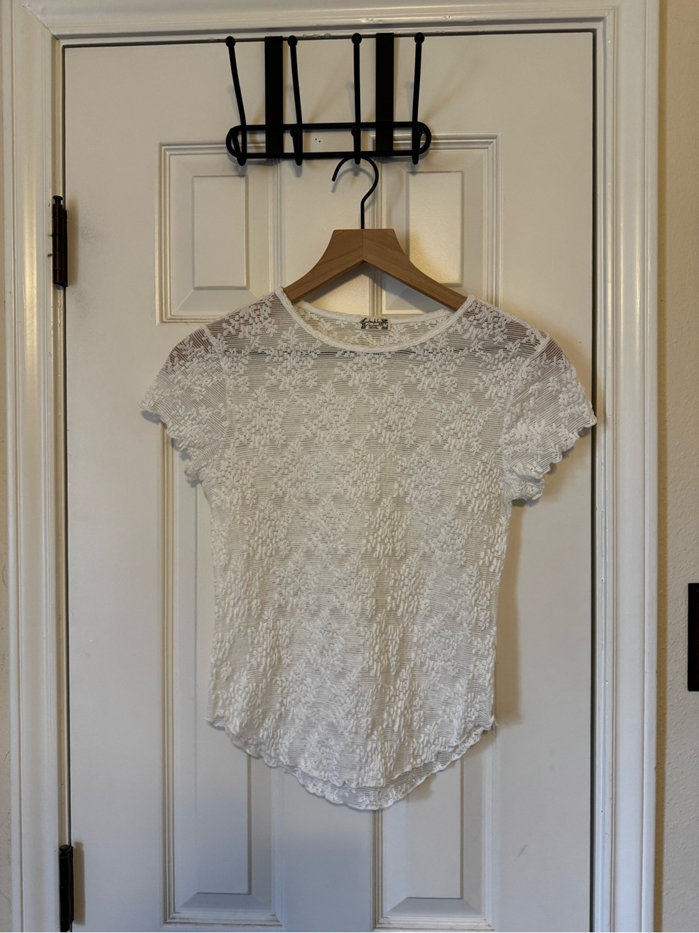 Free People White Floral Lace Short Sleeve Tee
